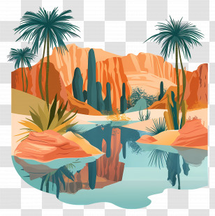 Desert Oasis - Reflected Desert Landscape Illustration Transparent PNG
