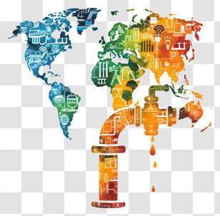 World Plumbing Day - Colorful World Map With Industrial Faucet Transparent PNG