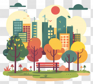 Park Landscape - Colorful Urban Park Illustration With Trees And Buildings Transparent PNG