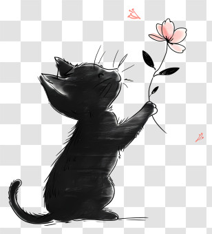 Little Cat Playing Flowers - Black Kitten Holding A Flower Transparent PNG