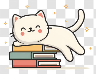 Cat Stretching On Books - White Cat On Books Cartoon Transparent PNG