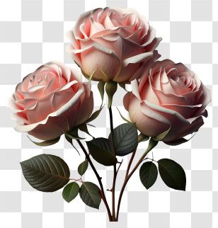 Pink Roses - Three Pink Roses With Green Leaves In Bloom Transparent PNG