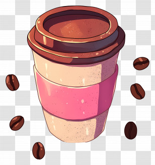 Coffee Cup - Coffee Cup With Pink Sleeve And Coffee Beans Transparent PNG