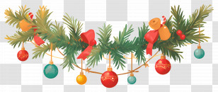 Christmas Balls On A Branch - Festive Christmas Garland With Baubles And Ribbons Transparent PNG