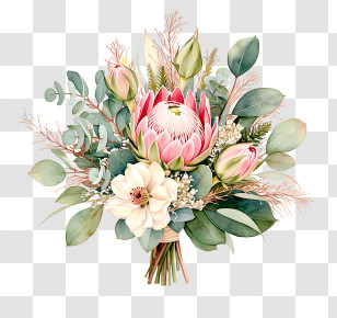 Pink Protea And Greenery Bouquet Transparent PNG
