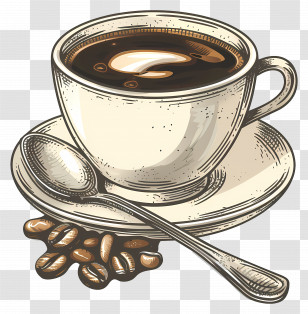 Coffee Cup - Classic Cup Of Coffee With Beans And Spoon Transparent PNG