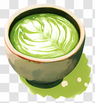 Matcha Milk Tea - Matcha Latte With Beautiful Leaf Art In Bowl Transparent PNG
