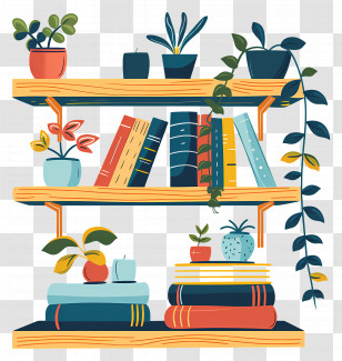 Shelf Furniture - Bookshelf With Books And Plants Illustration Transparent PNG