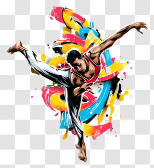 Dynamic Sport Shot - Dancer Mid-Air Split With Paint Swirls Transparent PNG