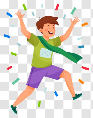 Boy Crossing Finish Line - Cartoon Boy Jumping With Confetti Transparent PNG