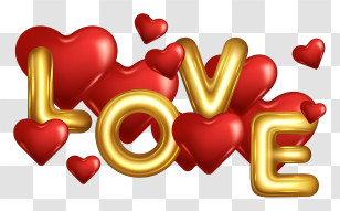 Love - Gold And Red Love Typography With Hearts Transparent PNG