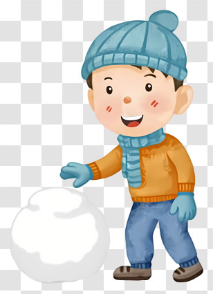 Boy Building Snowman - Child In Blue Hat Rolling Snowball Transparent PNG