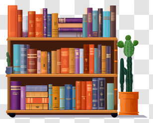 Bookshelf - Bookshelf With Colorful Books And A Cactus Plant Transparent PNG
