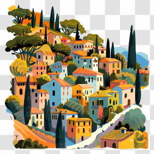 Italy Landscape - Charming Hillside Village Illustration Transparent PNG