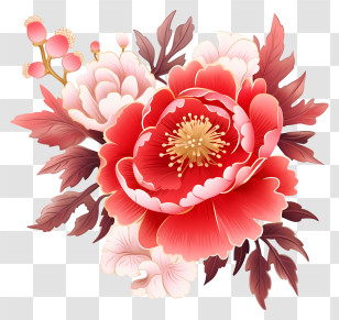 Chinese New Year Flower - Elegant Red Peony Flower Bouquet Transparent PNG