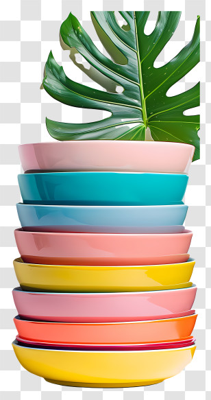 Stacked Dishes - Stacked Colorful Bowls With Green Leaf Transparent PNG