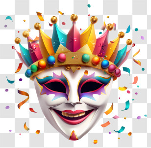 Happy Purim - Colorful Carnival Mask With Crown And Confetti Transparent PNG