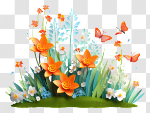 Paper Flowers - Paper Art Flowers With Butterflies Transparent PNG