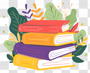 Books Pile - Stacked Colorful Books With Green Leaves Transparent PNG