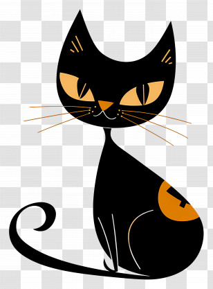 Black Cat With Orange Accents - Stylized Black Cat Illustration For Halloween Transparent PNG