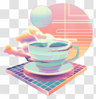 Vaporwave Coffee - Artistic Cup And Saucer With Clouds Transparent PNG