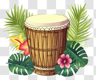 Tropical Drum Painting - Traditional African Drum With Tropical Leaves And Flowers Transparent PNG