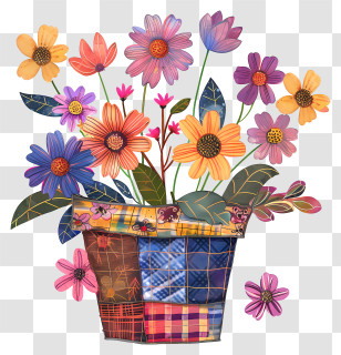 Flowers In Bucket - Patchwork Basket With Colorful Flowers Illustration Transparent PNG