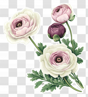 Ranunculus Art - White And Pink Flowers In Bloom Transparent PNG