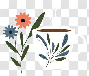 Coffee - Cup With Flowers And Steam Transparent PNG
