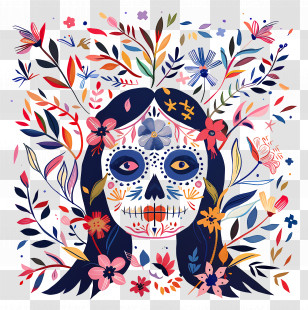 Sugar Skull - Sugar Skull With Floral Design For Day Of The Dead Transparent PNG
