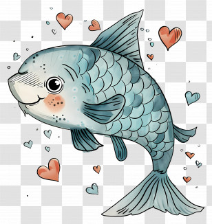 Cartoon Fish - Adorable Cartoon Fish Surrounded By Hearts Transparent PNG
