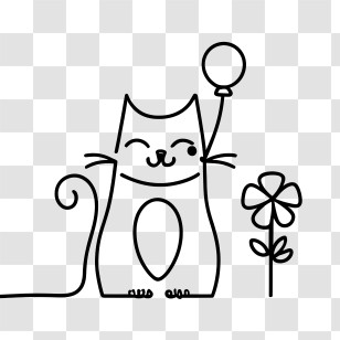 Hand Drawn Cat - Happy Cat With Balloon And Flower Transparent PNG