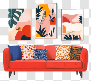 Living Room - Red Couch With Creative Wall Art Transparent PNG