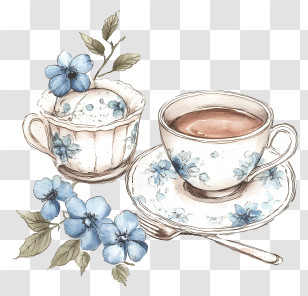 Teapot - Teacup And Cupcake With Blue Flowers Transparent PNG