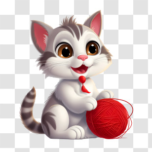 Cat Playing Yarn Ball - Cute Cartoon Kitten Holding A Red Yarn Ball Transparent PNG