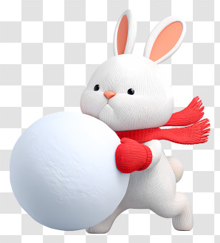 Bunny Pushing Snowball - White Bunny With Snowball In Winter Attire Transparent PNG