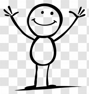 Happy Stick Figure - Simple Cartoon Stick Figure With Raised Arms And Smile Transparent PNG