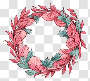 Doodle Round Frame - Floral Pink Circular Wreath With Leaves Transparent PNG