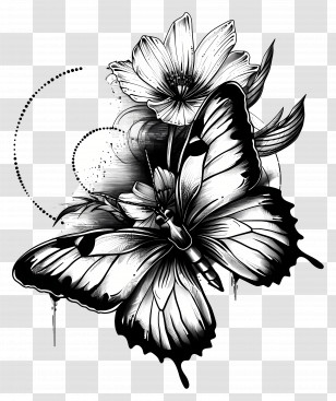 Butterfly Tattoo - Butterfly And Flowers Black And White Illustration Transparent PNG