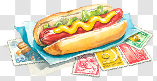 Watercolor Hot Dog - Delicious Hot Dog With Mustard Transparent PNG