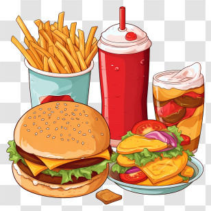 Fast Food Meal - Colorful Fast Food Meal Set With Drinks Transparent PNG