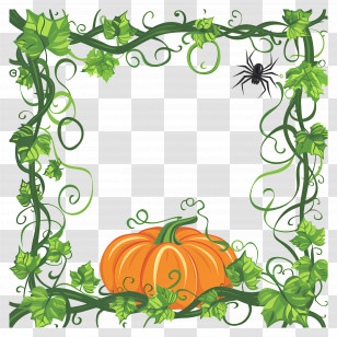 Halloween Frame - Pumpkin With Green Vines And Spider For Halloween Transparent PNG