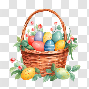 Easter Basket - Easter Basket With Colorful Eggs And Flowers Transparent PNG