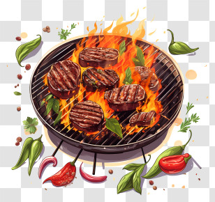 Barbecue - Barbecue Grill With Meat And Flames Transparent PNG