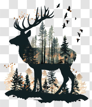 Deer Silhouette - Deer Silhouette With Forest Scene Transparent PNG
