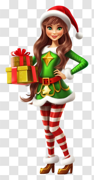 Christmas Costume - Christmas Elf Girl Holding Festive Gifts Transparent PNG