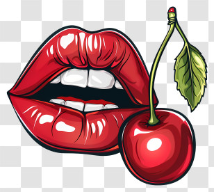Sexy - Glossy Red Lips With Cherry Illustration Transparent PNG