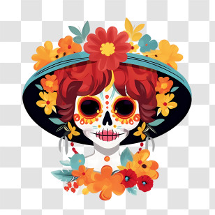 La Catrina
 - Colorful Sugar Skull With Flowers And Decorative Hat Transparent PNG
