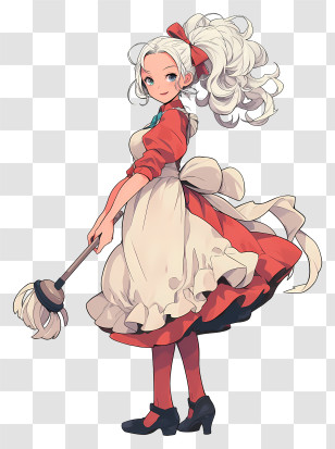 Anime Nanny - Girl In Red Dress With Mop Transparent PNG