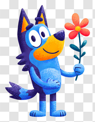 Bluey Holding Flower - Blue Cartoon Dog Holding A Flower Transparent PNG